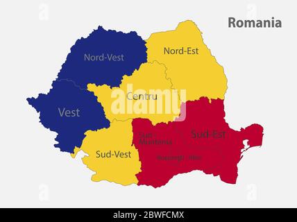 Carte de la Roumanie dans les couleurs du drapeau avec vecteur de divisions administratives Illustration de Vecteur