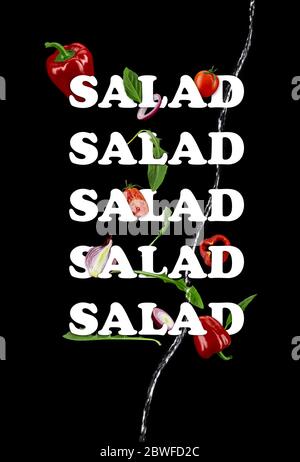 Tomates mûres, poivron rouge, oignon, basilic vert et feuilles d'arugula. Inscription salade de couleur blanche sur fond noir. Gros plan Banque D'Images