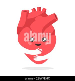 Dessin animé de coeur Kawaii. Joyeux cœur rouge se hante joyeusement avec ses mains. Illustration de Vecteur