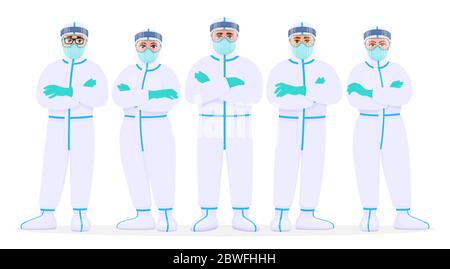 Groupe de médecins en costume de protection, écran facial, masque et lunettes. Équipe de personnel médical avec équipement de protection individuelle. Illustration médecins. Illustration de Vecteur