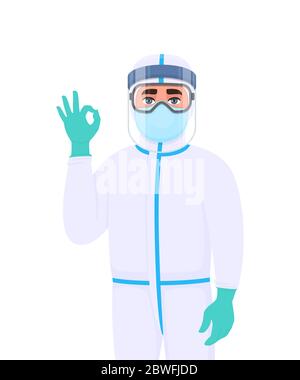 Le personnel médical en costume de protection montre un signe de geste OK. Médecin portant un masque, des gants et une main gestuelle. Médecin couvrant avec masque Illustration de Vecteur