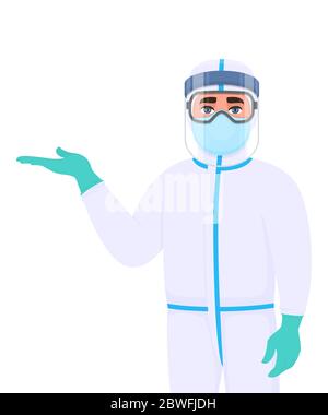 Médecin en costume de protection présentant la main à l'espace de copie. Personnel médical portant un EPI avec écran facial, gants en latex et geste de pointage. Médecin Illustration de Vecteur