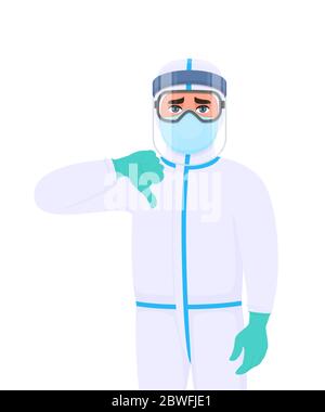 Médecin en costume de protection montrant le signe de geste du pouce vers le bas. Personnel médical portant un masque, des gants et une main gestuelle. Médecin couvrant avec coffre-fort Illustration de Vecteur