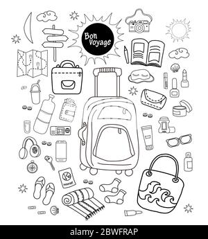 Set touristique. Dessins linéaires de bagages pour les visites et les vacances. Tout est nécessaire pour qu'une personne voyage. Bon voyage. Tous les éléments sont Illustration de Vecteur