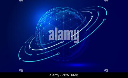 Une ligne pointillée reliant une sphère polygonale creuse et un globe de pixels constitue un arrière-plan technologique Internet. Banque D'Images