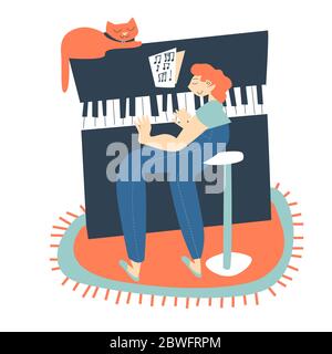 Affiche « rester à la maison ». Jouer du piano à la maison Illustration de Vecteur