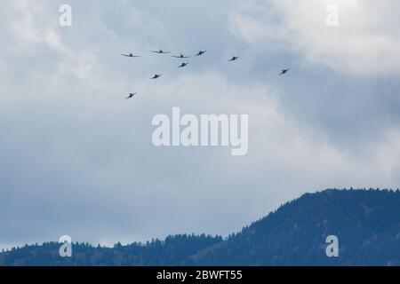 Un aperçu des avions de chasse F-16 de l'armée de l'air des États-Unis et des avions PC-9 de l'armée de l'air slovène dans deux formations d'échelon tandis qu'ils survolent la Slovénie. Six avions de chasse F-16 de la 31e Escadre de chasseurs de l'USAF stationnés à Aviano, en Italie, dans l'Aviation britannique Lockheed Martin Et trois PC-9 de la Force aérienne slovène du 15e régiment de la Force aérienne slovène ont survolé conjointement des hôpitaux et des sites d'essai Covid-19 en Slovénie pour honorer le premier jour officiel de la fin de l'épidémie en Slovénie, Et remercier tout le personnel médical et les autres pour leurs efforts durant l'épidémie de Covid-19. Banque D'Images