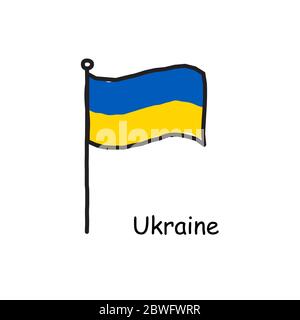 Drapeau de l'Ukraine dessiné à la main sur le mât du drapeau. Drapeau de deux couleurs . Illustration du vecteur de stock isolée sur fond blanc. Illustration de Vecteur