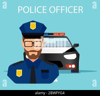 Vecteur d'un agent de police avec une voiture de service sur un fond. Illustration de Vecteur