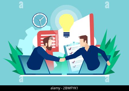 Vecteur de communication en ligne entre deux hommes d'affaires ayant un accord et des mains tremblantes. Illustration de Vecteur