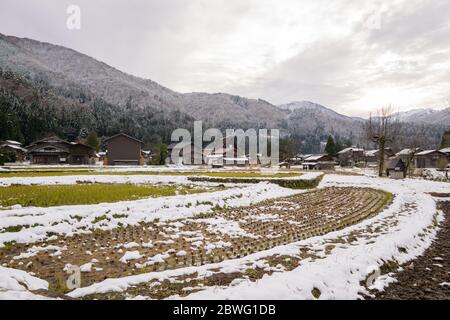 Le village de Shirakawa avait été classé au patrimoine mondial de l'UNESCO en 1995. La ferme conçue avec des toits en chaume raides ressemble aux mains de Buddhi Banque D'Images