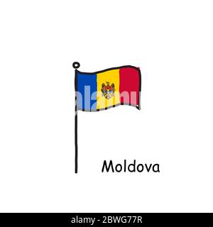 Drapeau de Moldavie dessiné à la main sur le mât du drapeau. Drapeau de trois couleurs . Illustration du vecteur de stock isolée sur fond blanc. Illustration de Vecteur
