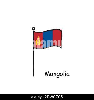 Drapeau de Mongolie esquissé à la main sur le mât du drapeau. Drapeau de trois couleurs . Illustration du vecteur de stock isolée sur fond blanc. Illustration de Vecteur