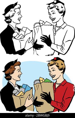 Une caricature rétro vintage de deux femmes parlant tout en tenant des sacs de papier d'épicerie. Illustration de Vecteur