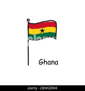 Drapeau du Ghana tracé à la main sur le mât du drapeau. Drapeau de trois couleurs . Illustration du vecteur de stock i Illustration de Vecteur