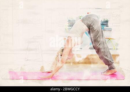 femme blonde faisant du yoga dans son salon dans des aquarelles Banque D'Images