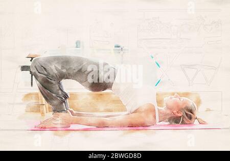 femme blonde faisant du yoga dans son salon dans des aquarelles Banque D'Images