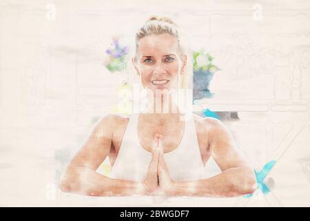 femme blonde faisant du yoga dans son salon dans des aquarelles Banque D'Images