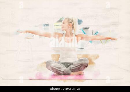 femme blonde faisant du yoga dans son salon dans des aquarelles Banque D'Images