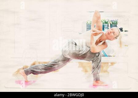 femme blonde faisant du yoga dans son salon dans des aquarelles Banque D'Images