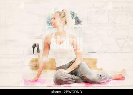 femme blonde faisant du yoga dans son salon dans des aquarelles Banque D'Images