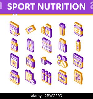 Jeu d'icônes isométriques vectorielles de cellules de nutrition de sport Illustration de Vecteur