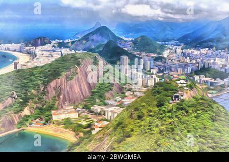 Vue sur la montagne du pain de sucre peinture colorée, Pao de Acucar, Baie de Botafogo, Rio de Janeiro, Brésil Banque D'Images