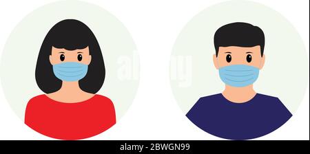 femme et homme portent un masque plat . personnes portant un masque bannière covid-19, coronavirus Illustration de Vecteur