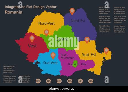 Infographics Roumanie carte, couleurs plates, noms de division administrative individuelle, fond bleu avec vecteur de points orange Illustration de Vecteur