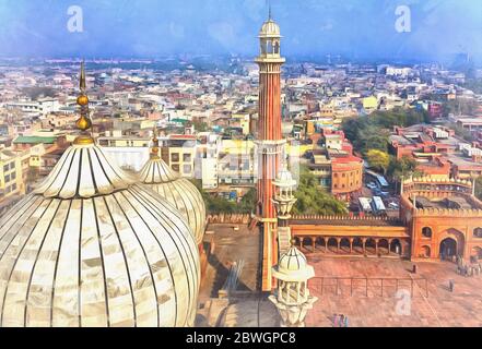 JAMA Masjid mosquée peinture colorée, 1656, Delhi, Inde Banque D'Images