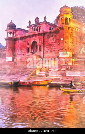 Chet Singh fort Cityscape de Gange, peinture colorée, Varanasi, Uttar Pradesh, Inde Banque D'Images