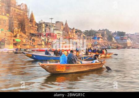 Paysage urbain de Gange, peinture colorée, Varanasi, Uttar Pradesh, Inde Banque D'Images