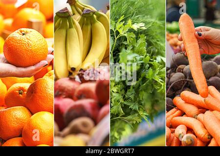 Marché alimentaire des agriculteurs, avec variété de légumes et de fruits biologiques. Gros plan, espace de copie. Banque D'Images