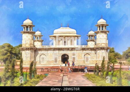 Peinture colorée du mausolée Itimad-ud-Daulah, Baby Taj, 1628, Agra, Uttar Pradesh, Inde Banque D'Images