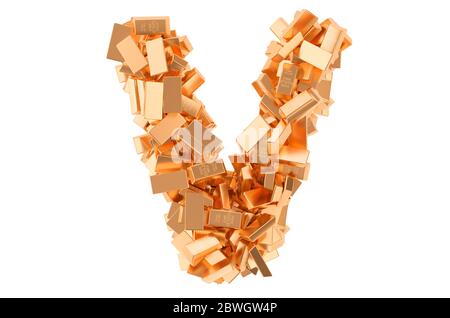 Lettre V, de lingots d'or. Rendu 3D isolé sur fond blanc Banque D'Images