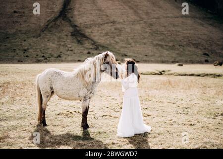 La mariée dans une robe de mariage blanche est un cheval blanc dans le visage. Destination Islande mariage séance photo avec des chevaux islandais. Banque D'Images