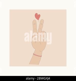 les doigts se soulèvent et un cœur se place au-dessus. Geste de la main comme symbole de victoire, de paix, d'amour. Illustration vectorielle dans des couleurs pastel de style plat Illustration de Vecteur