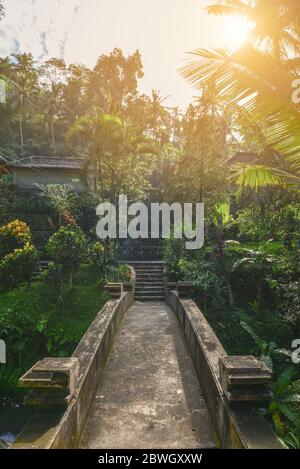 Pont dans le temple hindou Pura Gunung Kawi connu pour ses sanctuaires sculptés dans une falaise, Bali, Indonésie Banque D'Images