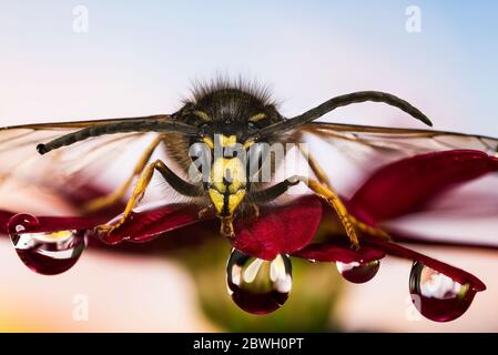 Macro Focus Portrait de la guêpe norvégienne dans la rosée sur une fleur. Son nom latin est Dolichovespula norwegica. Banque D'Images