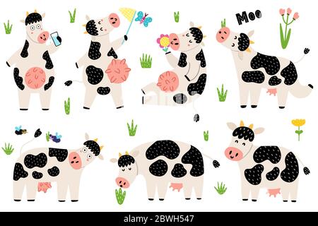 Collection de vaches noires et blanches amusantes Illustration de Vecteur