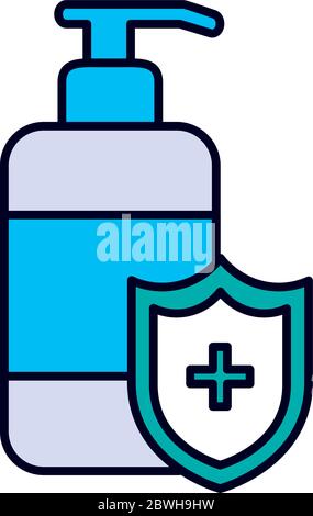 icône de bouteille de savon et de bouclier médical sur fond blanc, style de trait et de remplissage, illustration vectorielle Illustration de Vecteur