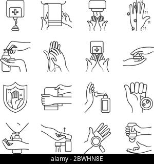 les serviettes et l'icône de lavage des mains sont placées sur fond blanc, style de ligne, illustration vectorielle Illustration de Vecteur