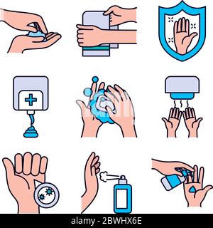icône de protection et de lavage des mains sur fond blanc, style de ligne et de remplissage, illustration vectorielle Illustration de Vecteur