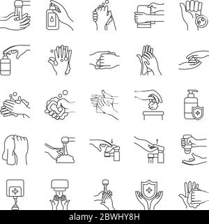 distributeur antibactérien et icône de lavage des mains sur fond blanc, style de trait, illustration vectorielle Illustration de Vecteur