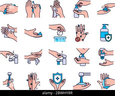 robinet et icône de lavage des mains sur fond blanc, style de ligne et de remplissage, illustration vectorielle Illustration de Vecteur