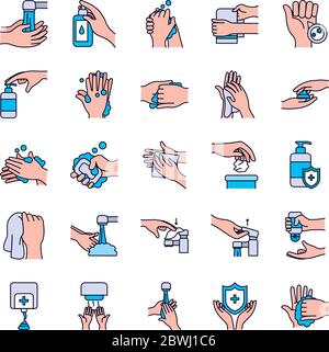 distributeur antibactérien et icône de lavage des mains sur fond blanc, style de trait et de remplissage, illustration vectorielle Illustration de Vecteur