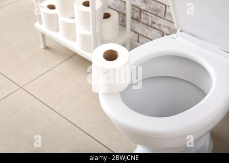 Cuvette de toilette et rouleaux de papier dans les toilettes Banque D'Images