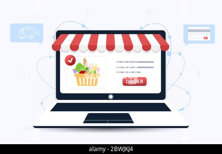 Commande de nourriture en ligne. Livraison d'épicerie. Le catalogue de produits sur la page du navigateur Web. Boîtes à provisions. Restez à la maison. Quarantaine ou auto-isolement. Moderne Illustration de Vecteur