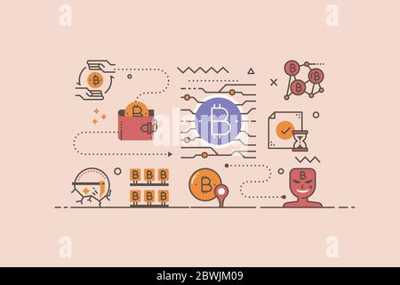 Illustration du concept Cryptocurrecny avec technologie de la main, du bitcoin et de la blockchain Illustration de Vecteur