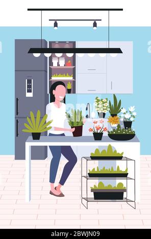 jeune femme prenant soin de la maison de plantes fille appréciant son passe-temps écologique séjour maison style de vie concept cuisine intérieur vertical pleine longueur vecteur illustration Illustration de Vecteur